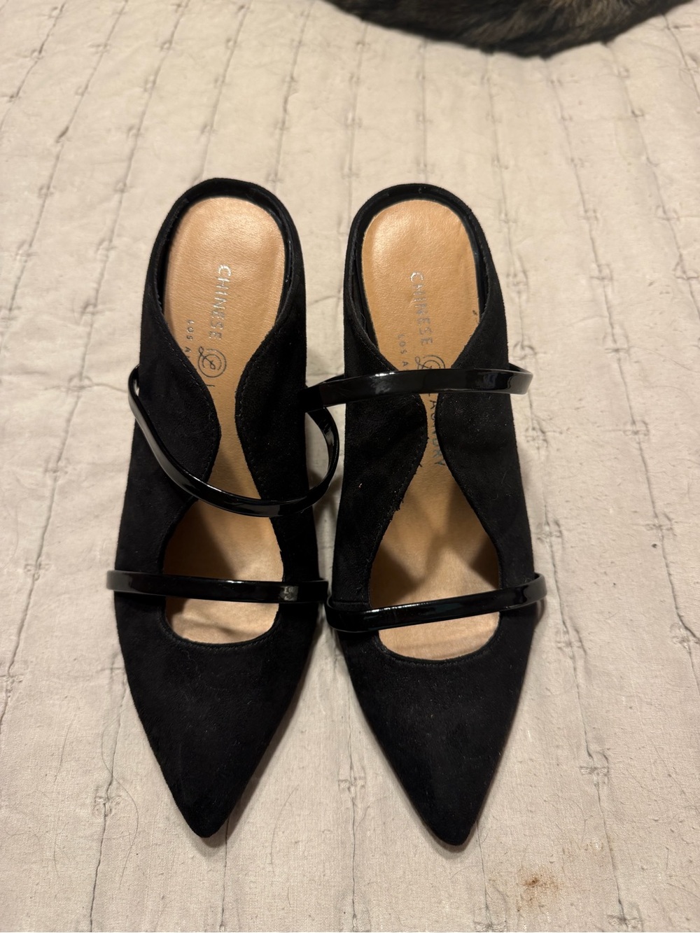 Chinese Laundry Black Pointed-Toe Mary Jane Heels with Glossy Straps